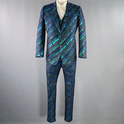 DOLCE & GABBANA Size 44 Black Green Blue Jacquard Polyester Suit