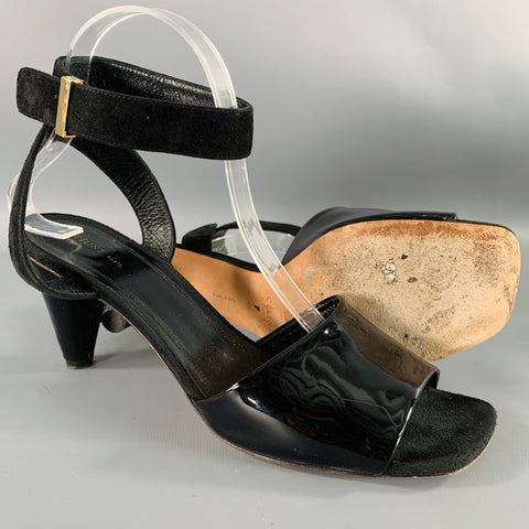 CELINE Size 10 Black Suede Patent Leather Ankle Strap Sandals