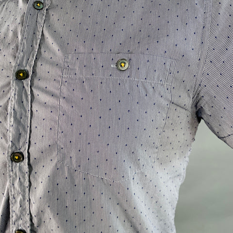 TED BAKER Taille XS Bwenno Bleu Marine Pois Blancs Coton Mélangé Une Poche Chemise Manches Courtes