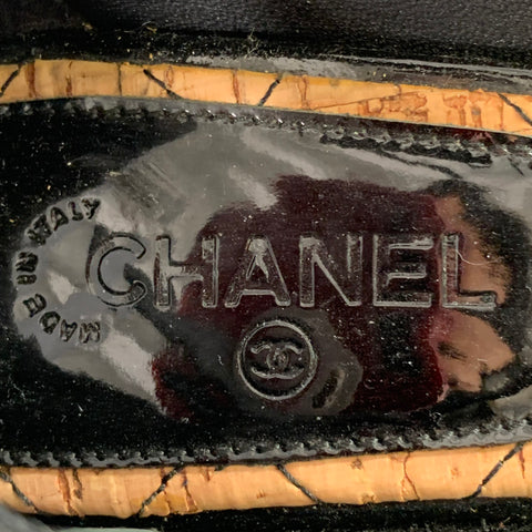 CHANEL Size 6.5 Black Natural Patent Leather Quilted Cork Peep Toe Platform Pumps