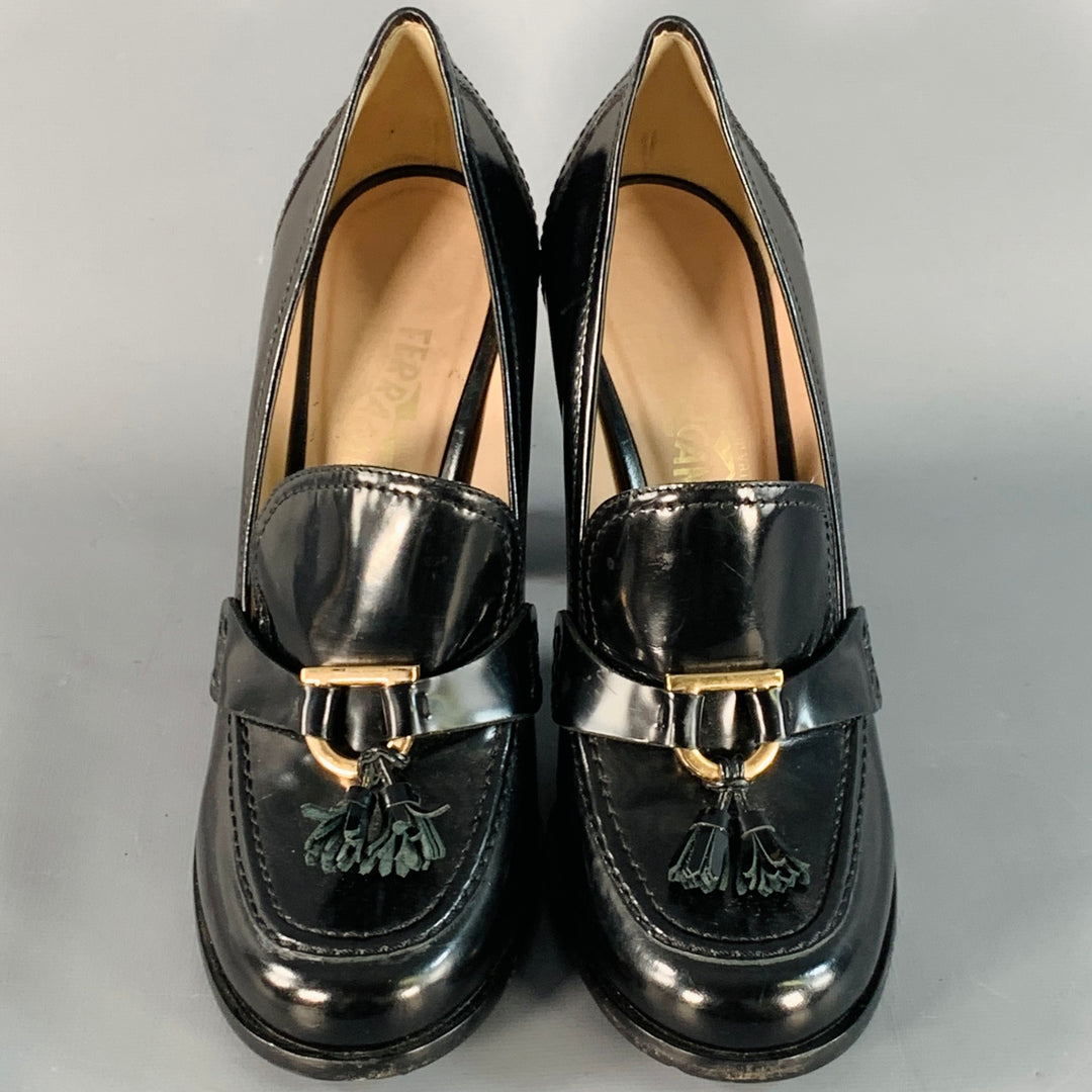SALVATORE FERRAGAMO Size 9 Black Tassels Stacked Heel Loafer Pumps