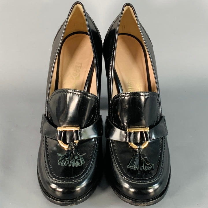SALVATORE FERRAGAMO Size 9 Black Tassels Stacked Heel Loafer Pumps