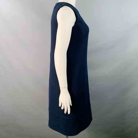 AKRIS Size 12 Navy Wool Crepe Sleeveless Knee Length Sheath Dress