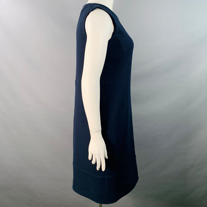 AKRIS Size 12 Navy Wool Crepe Sleeveless Knee Length Sheath Dress