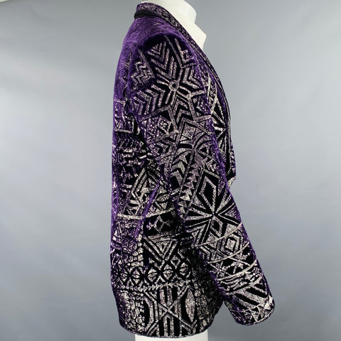 EMILIO PUCCI Size 38 Purple Silver Geometric Embroidery Velvet Shawl Sport Coat