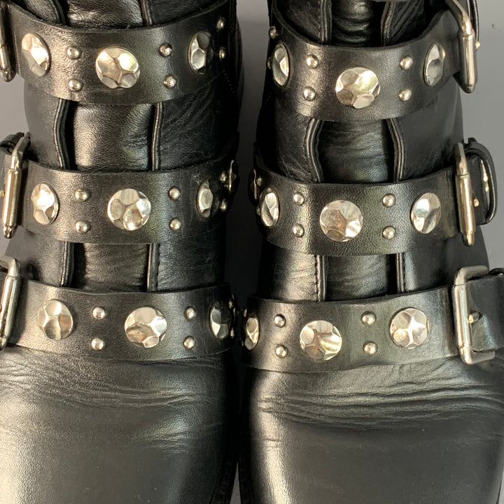 MAJE Size 9 Black Leather Studded Belted Side Zipper Military Ankle Boots