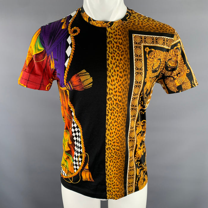 VERSACE Size S Black Color Block Cotton Pull On T-shirt
