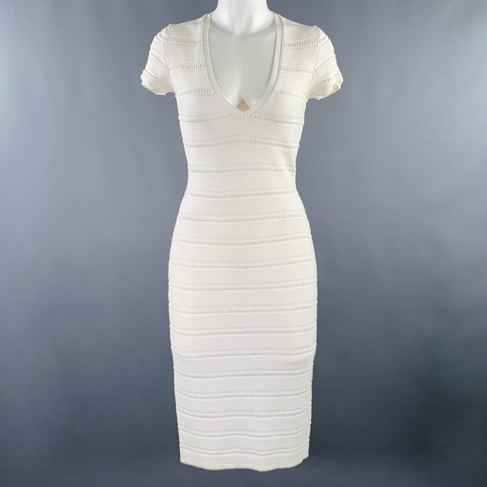 DSQUARED2 Size M White Rayon Polyamide Textured Short Sleeve Dress