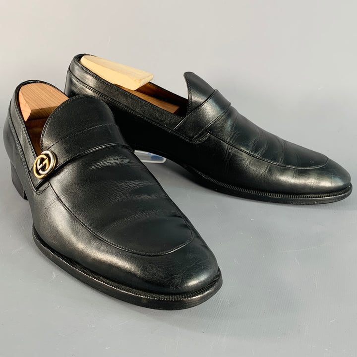 GUCCI Size 8.5 Black GG Monogram Leather Strap Slip On Loafers