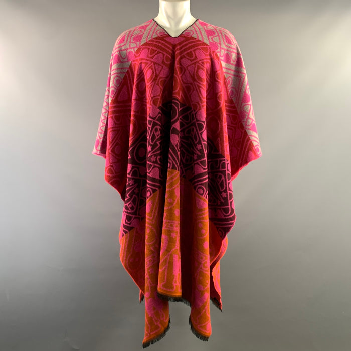 WALTER VAN BEIRENDONCK One Size Pink Orange Wool Abstract Poncho
