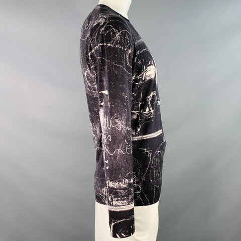 ALEXANDER MCQUEEN Size L Black White Marbled Wool Silk Crew-Neck Pullover