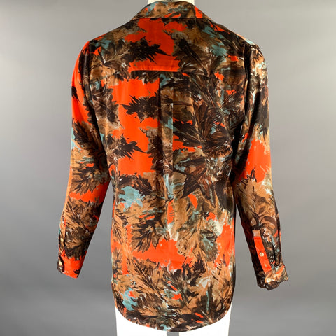 BED J.W. FORD Size S Orange Brown Blue Leaf Print Polyester Camp Collar Long Sleeve Shirt