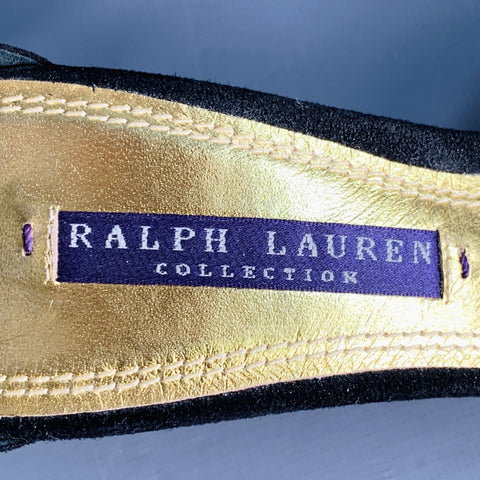 RALPH LAUREN COLLECTION Size 6 Black Metallic Gold Suede Leather Strappy Ankle Strap Sandals