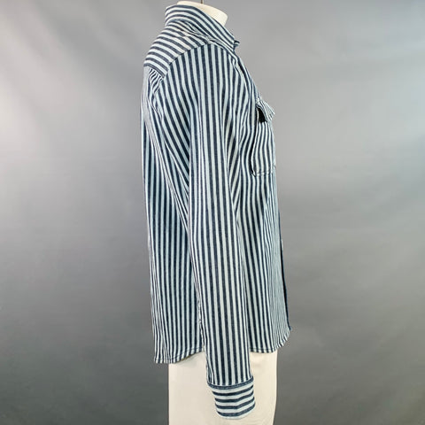 DUBBLE WARE Size L Blue Navy Stripe Cotton Patch Pockets Long Sleeve Shirt