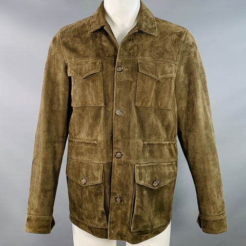KINGSMAN Size 40 Green Lambskin Suede Drawstring Four Pockets Jacket