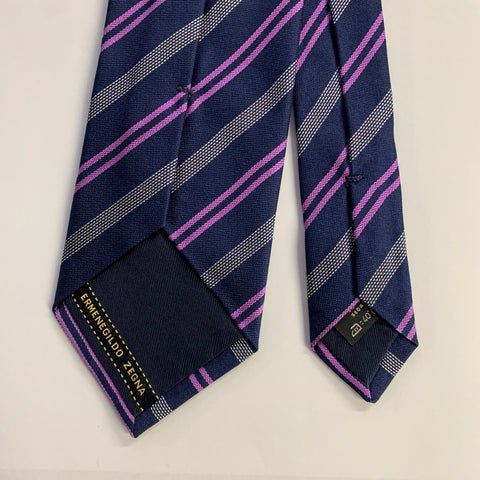 ERMENEGILDO ZEGNA Navy Purple Diagonal Stripe Silk Tie