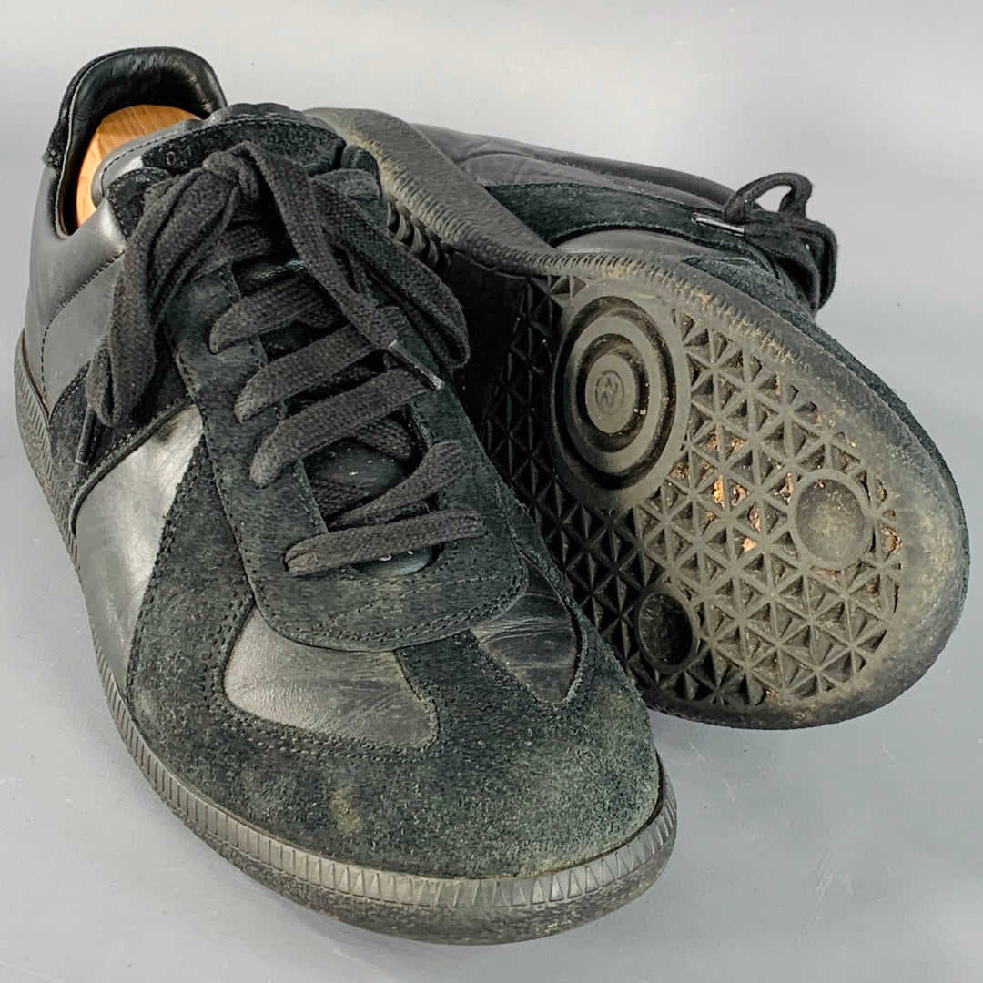 MAISON MARGIELA Size 10 Black Leather Suede Low Top Sneakers