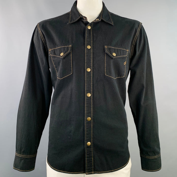 BILLY REID Size XL Shoals Black Contrast Stitch Cotton Snaps Long Sleeve Shirt
