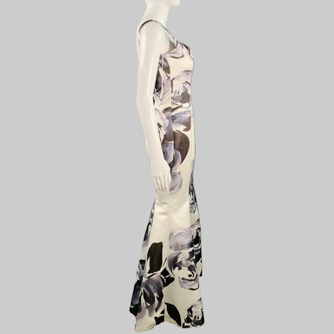 PRABAL GURUNG SS10 Size S White Black Silk Floral V-Neck Mermaid Evening Gown