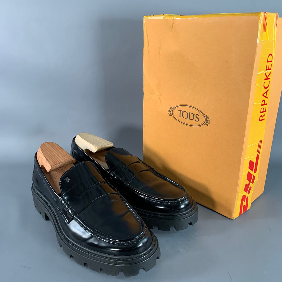 TOD'S Size 11 Black Patent Leather Lug Sole Penny Loafers Flats