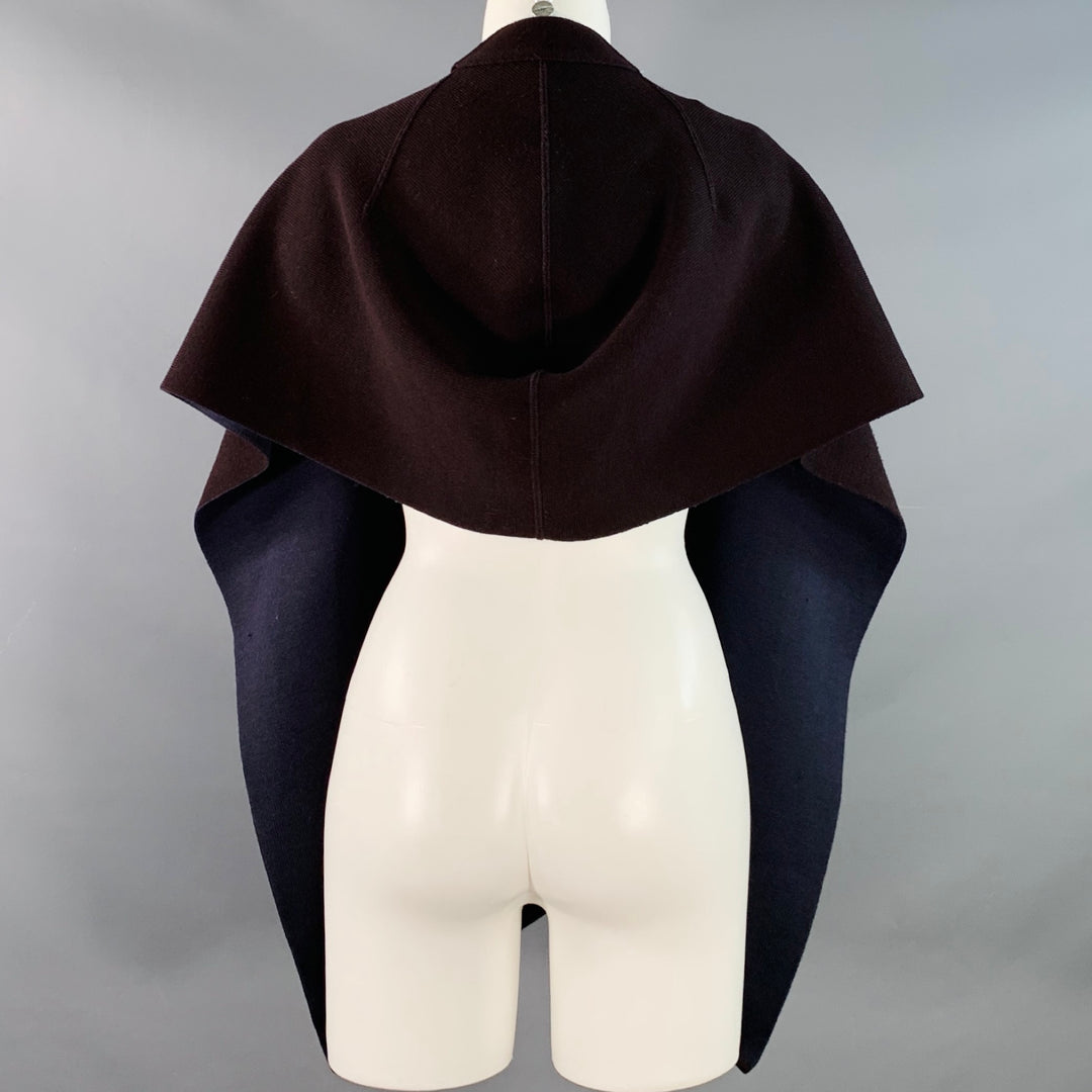 ALAIA Navy Brown Reversible Wool Knit Snap Capelet Scarf Shawl