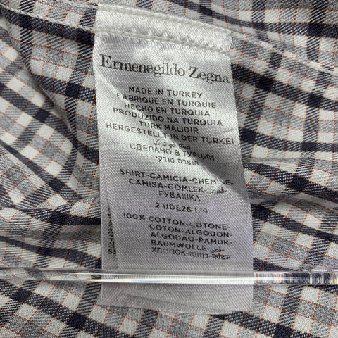 ERMENEGILDO ZEGNA Size L White Grey Checkered Cotton Long Sleeve Shirt