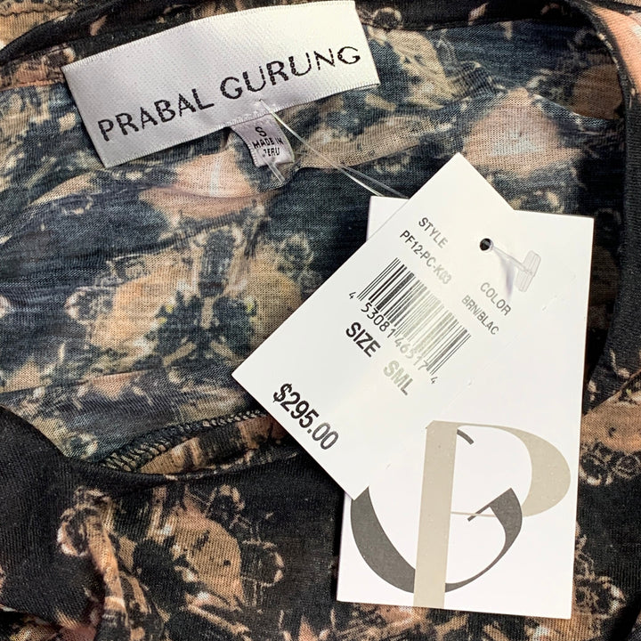 PRABAL GURUNG Size S Brown Grey Polyester Abstract Floral Long Sleeve Casual Top