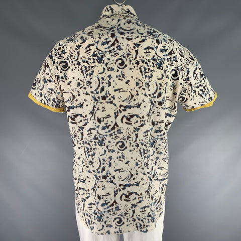 ROBERT GRAHAM Size L Beige Blue & Black Print Silk Button Up Short Sleeve Shirt