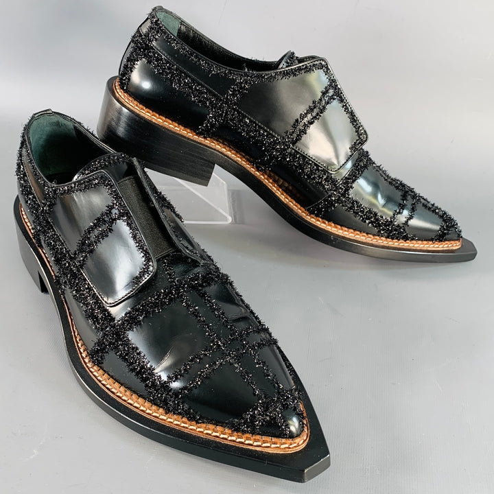 SIMONE ROCHA Size 8 Black Tinsel Embellishment Leather Slip On Loafers