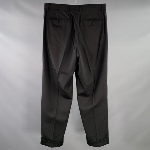 DOLCE & GABBANA Size 32 Black Navy Grey Wool Blend Stripe Cuffed Pleated Dress Pants