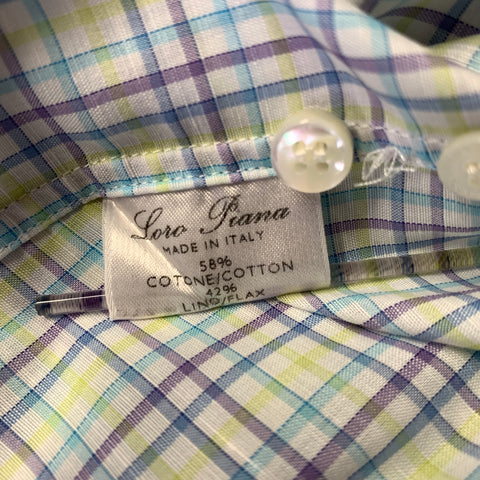 LORO PIANA Size XL White Purple Green Blue Plaid Long Sleeve Shirt