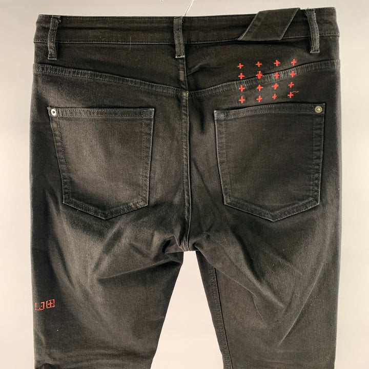 KSUBI Size 32 Black Embroidered Cotton Slim Fit Jeans