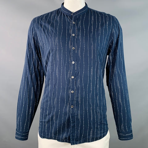 JOHN VARVATOS Size L Navy Grey Wavy Lines Cotton Blend Collarless Long Sleeve Shirt
