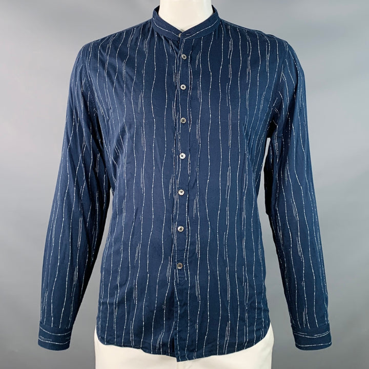 JOHN VARVATOS Size L Navy Grey Wavy Lines Cotton Blend Collarless Long Sleeve Shirt