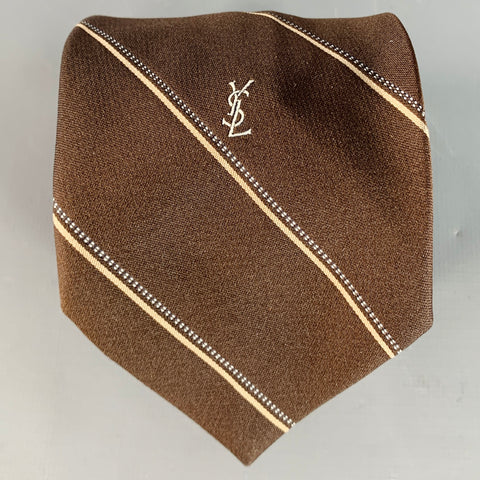 YVES SAINT LAURENT Vintage Brown Tan Diagonal Stripe Silk Skinny Tie