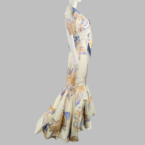 RIZIK BROS. Size 6 Cream Blue Tan Silk Floral Shawl Strapless Gown