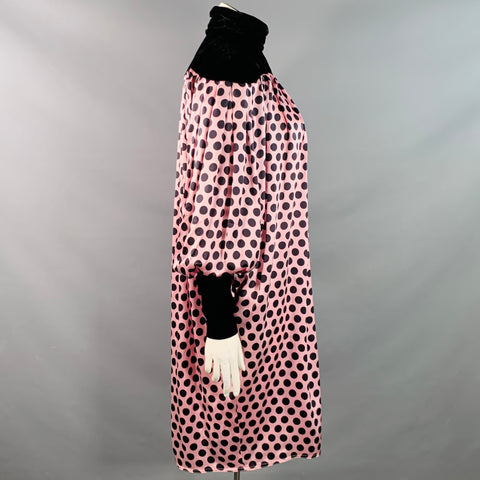 UNGARO Vintage 1980s Size L Pink Black Silk Polka Dot Turtleneck Tent Dress