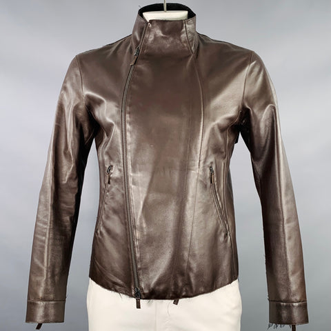 EMPORIO ARMANI Size 42 Brown Lambskin Leather Zip Up Jacket
