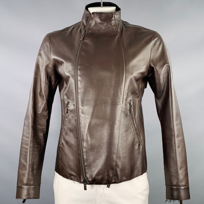 EMPORIO ARMANI Size 42 Brown Lambskin Leather Zip Up Jacket