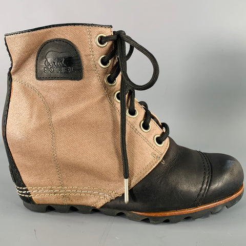 SOREL Size 7.5 Black Taupe Canvas Mixed Materials Wedge Boots