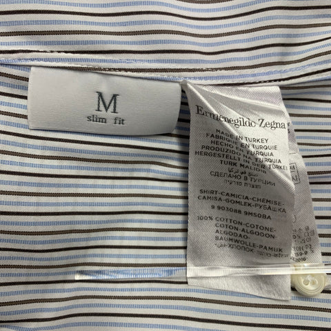 ERMENEGILDO ZEGNA Size L White Blue Brown Stripe Cotton Long Sleeve Shirt