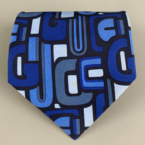 GUCCI Navy Blue Geometric Silk Tie