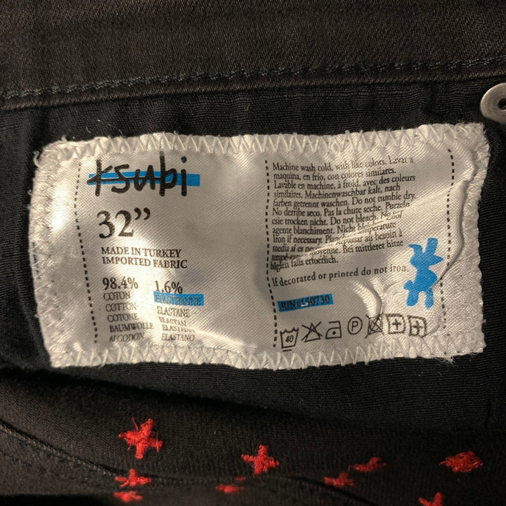 KSUBI Size 32 Black Washed Embroidered Cotton Slim Fit Jeans