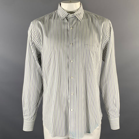 LORO PIANA Size L Green White Blue Stripe Cotton Long Sleeve Shirt
