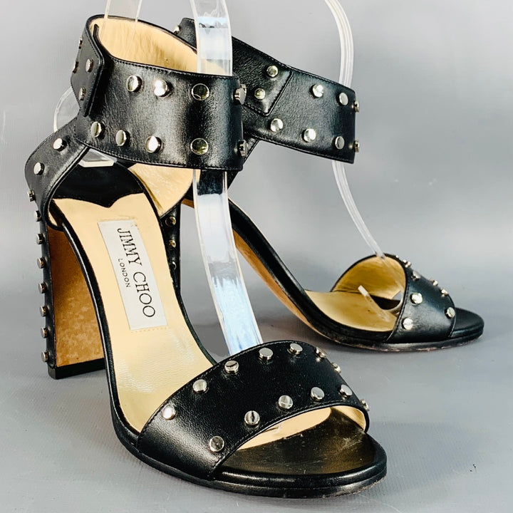 JIMMY CHOO Size 7 Black Leather Studded Snaps Sandals