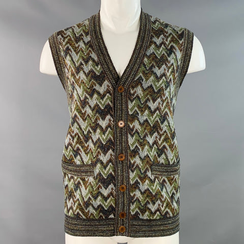 MISSONI SPORT Vintage Size M Green Grey Zig Zag Wool Blend Two Pockets Knit Vest