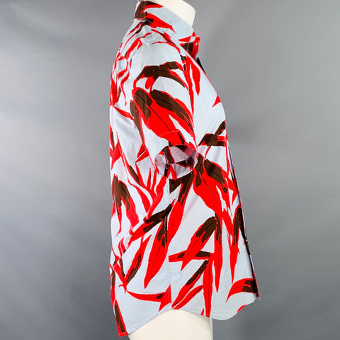 MARNI Size XS Blue Red Brown Leaves Cotton Button Up Short Sleeve Shirt
