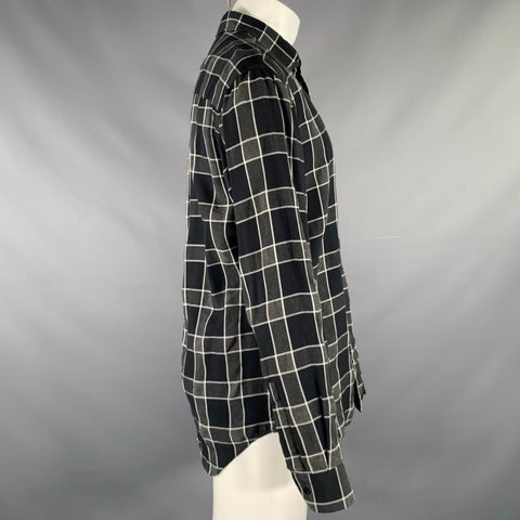 SAINT LAURENT Size M Grey Black White Plaid Tencel Viscose Long Sleeve Shirt