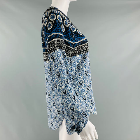 VERONICA BEARD Size 0 Blue Black & White Silk Print Metal Buttons Blouse