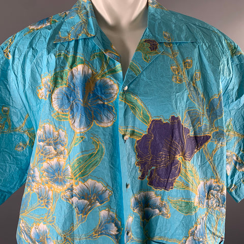 GUCCI Size S Blue Floral Polyethylene Oversized Camp Short Sleeve Shirt